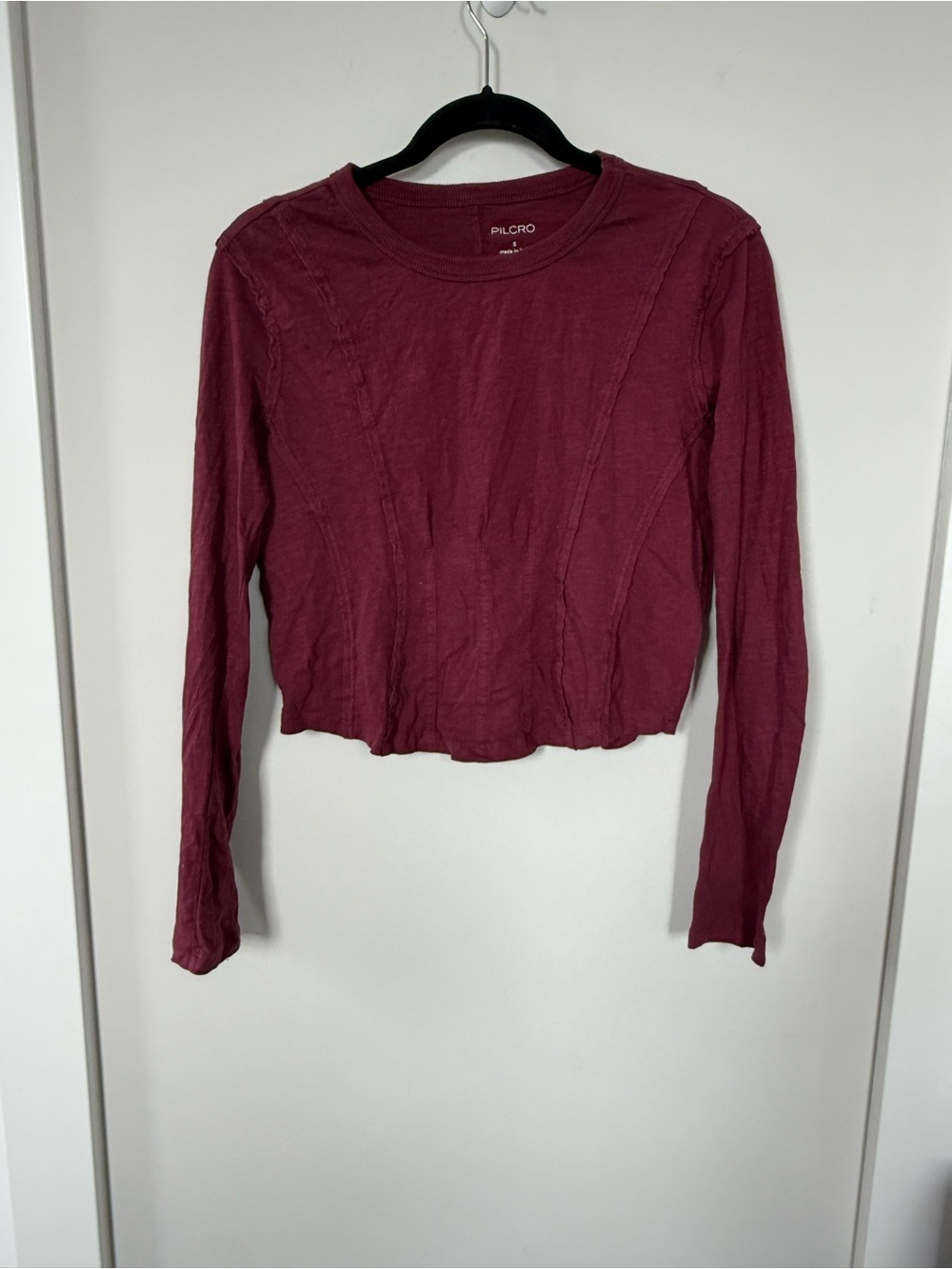 Pilcro Long-Sleeve Cropped Crewneck Top in Wine